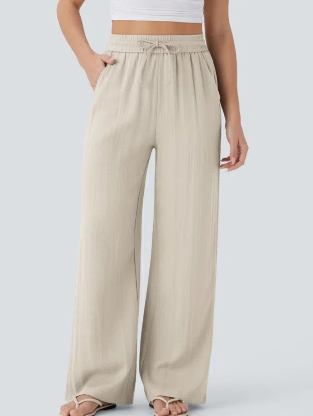Halara High Waisted Drawstring Pocket Wide Leg Linen Feel Pants